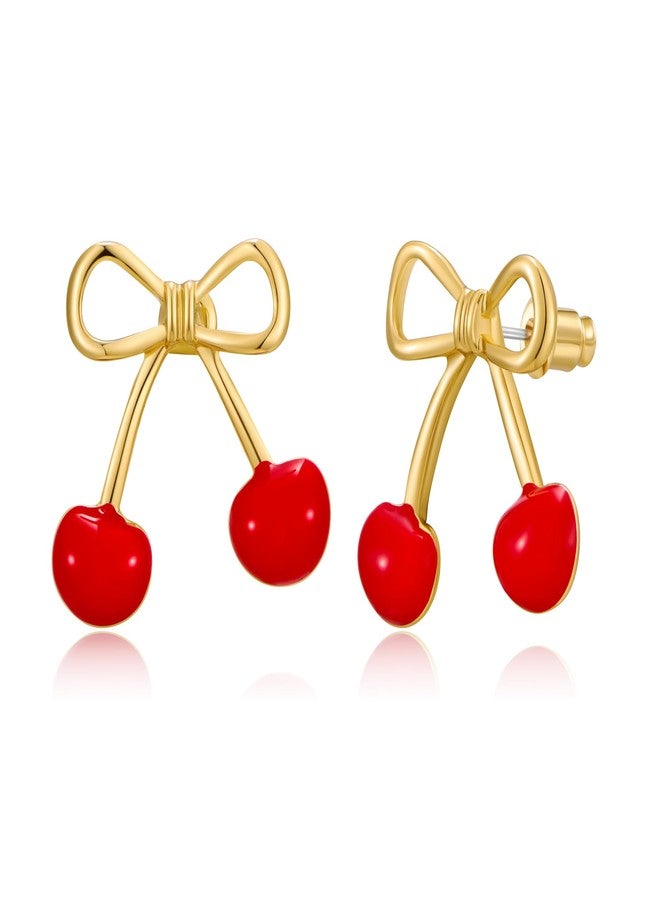 HolidayQbee Gold Cherry Stud Earrings for Women 14K Gold Plated Cute Red Cherry Bow Flat Back Earrings Studs Hypoallergenic Handmade Statement Fruit Earrings Jewelry Gifts - Image 1